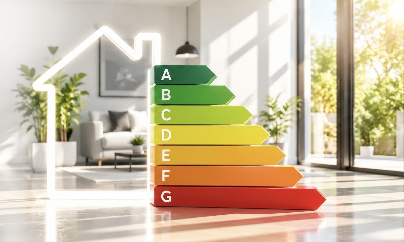 Échelle énergétique A à G lumineuse dans un salon moderne Home Label