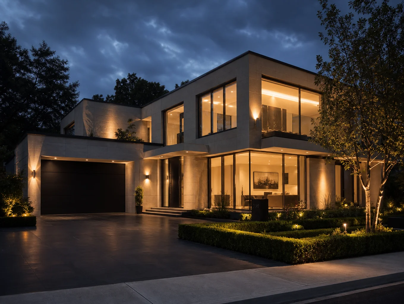 Maison contemporaine au crépuscule, fenêtres éclairées